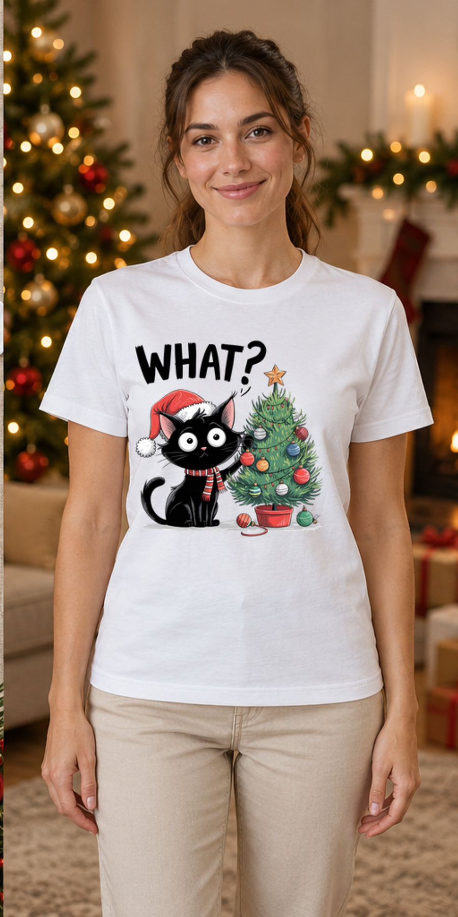 Tricou de Crăciun What Cat Tree - Alb - tricou unisex pe model feminin (mockup)