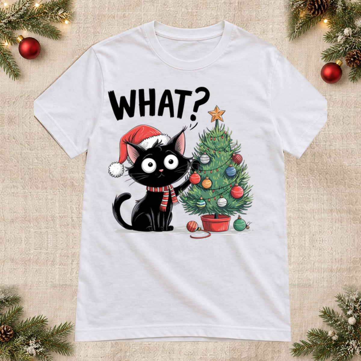 Tricou de Crăciun What Cat Tree - Alb - imagine principală pătrată (mockup)