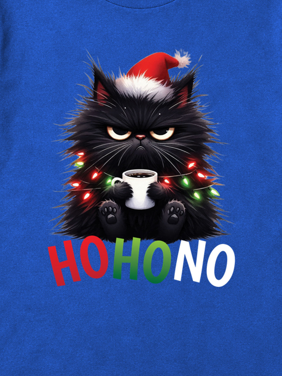 Tricou de Crăciun Ho Ho Cat - Albastru - detaliu grafică (mockup)