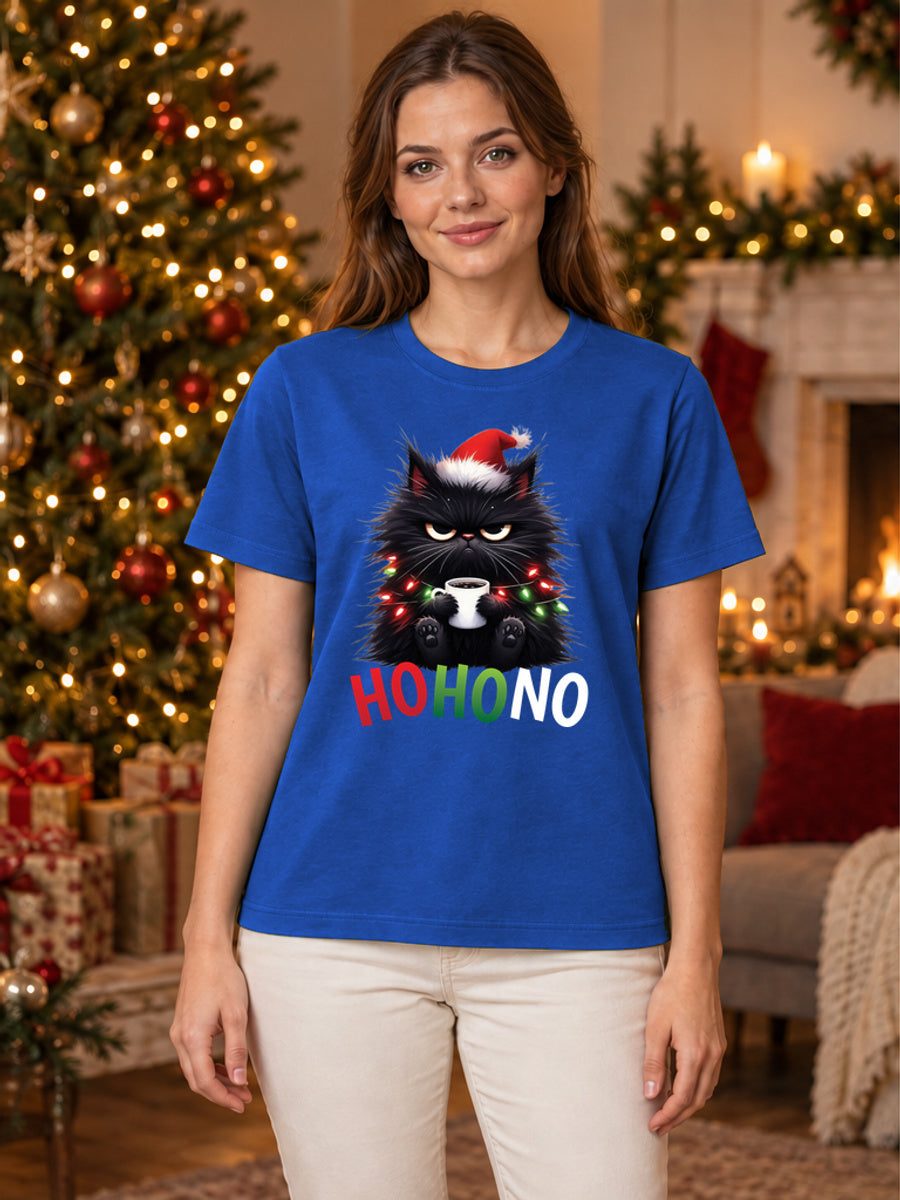 Tricou de Crăciun Ho Ho Cat - Albastru - tricou unisex pe model feminin (mockup)