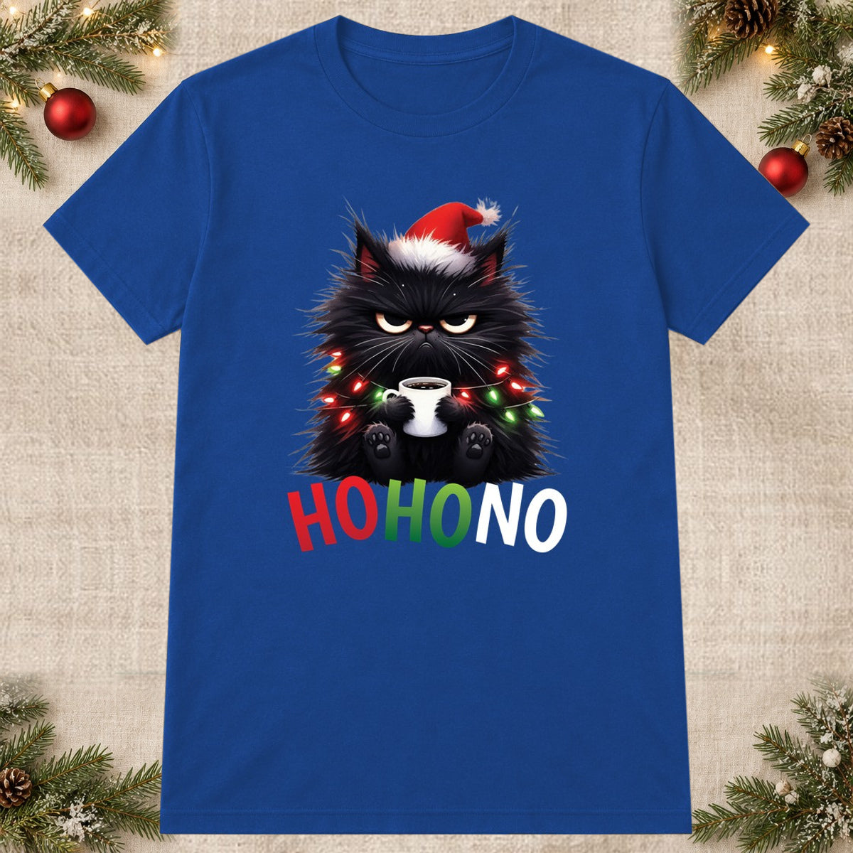 Tricou de Crăciun Ho Ho Cat - Albastru - imagine principală pătrată (mockup)