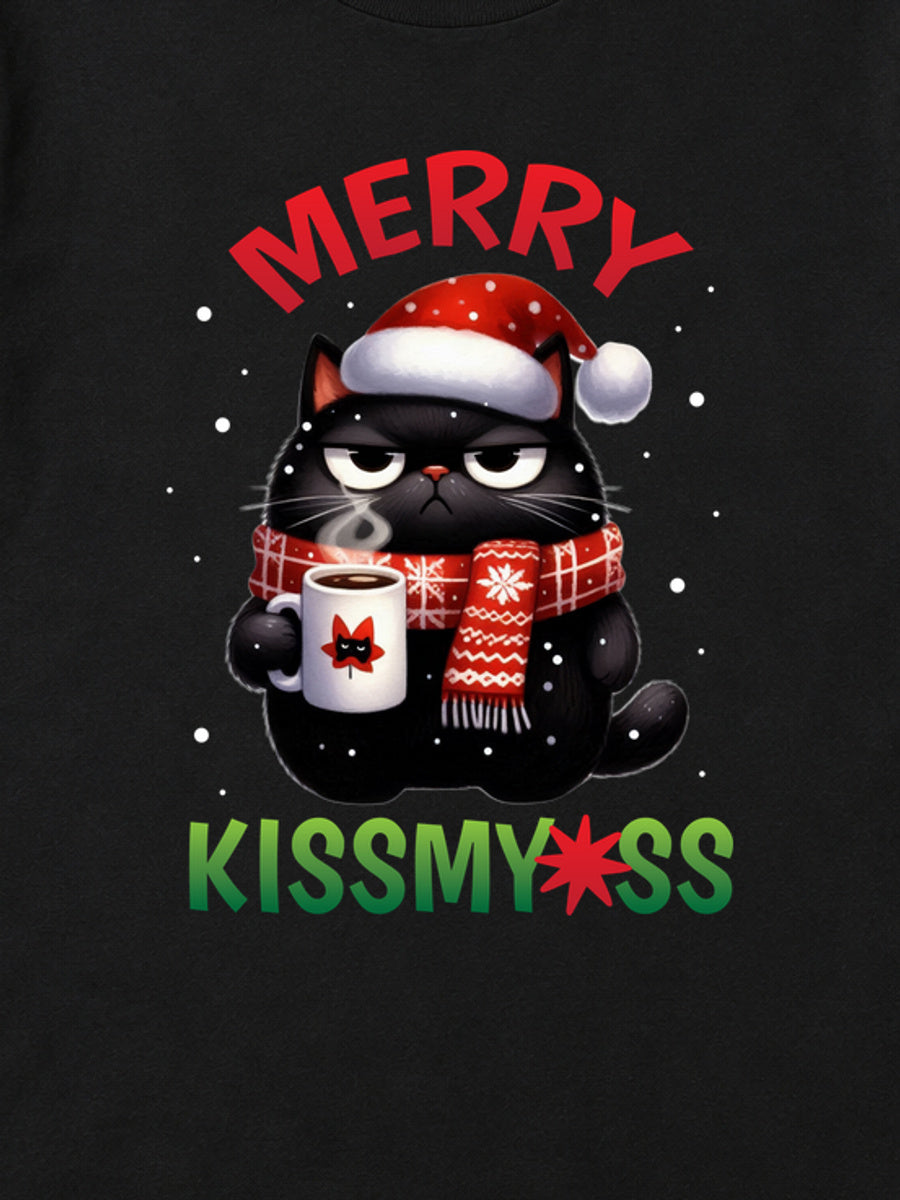 Tricou de Crăciun Merry Kiss - Negru - detaliu grafică (mockup)