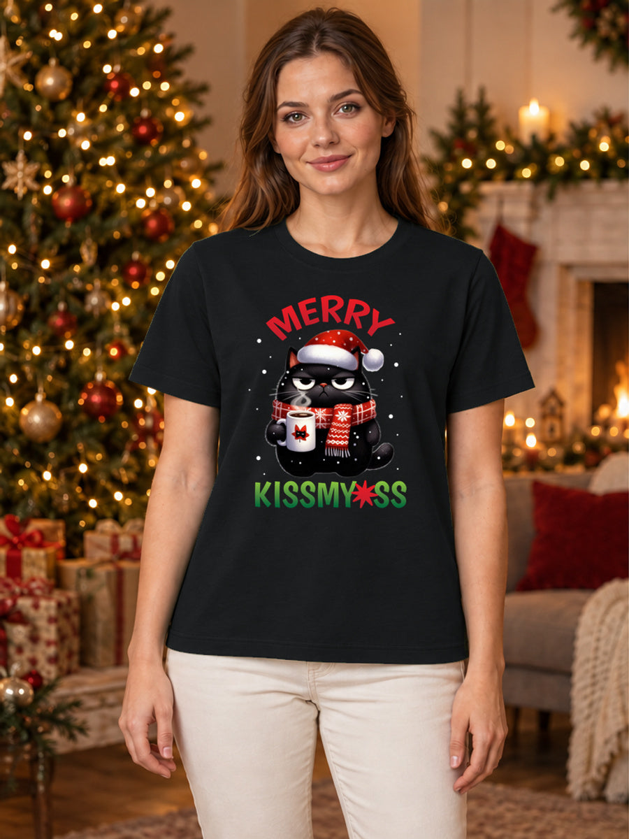 Tricou de Crăciun Merry Kiss - Negru - tricou unisex pe model feminin (mockup)