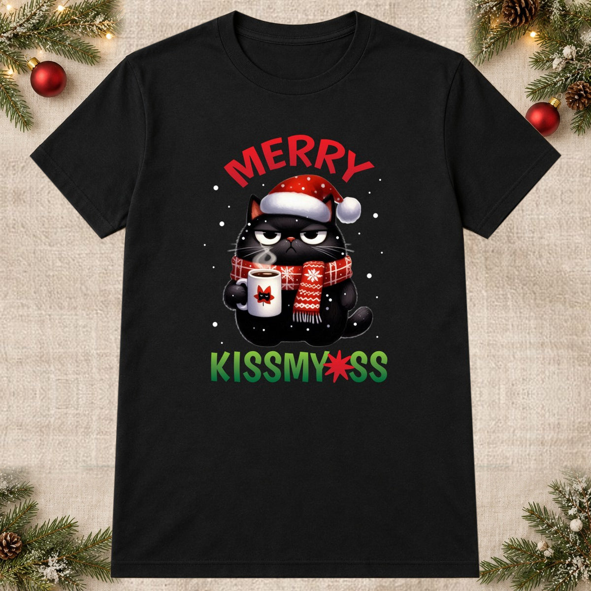 Tricou de Crăciun Merry Kiss - Negru - imagine principală pătrată (mockup)