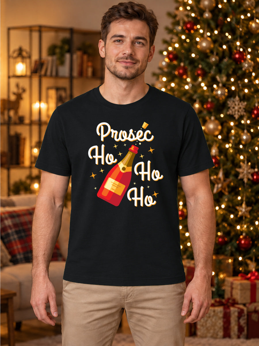 Tricou de Crăciun Prosec Ho - Negru - tricou unisex pe model masculin (mockup)