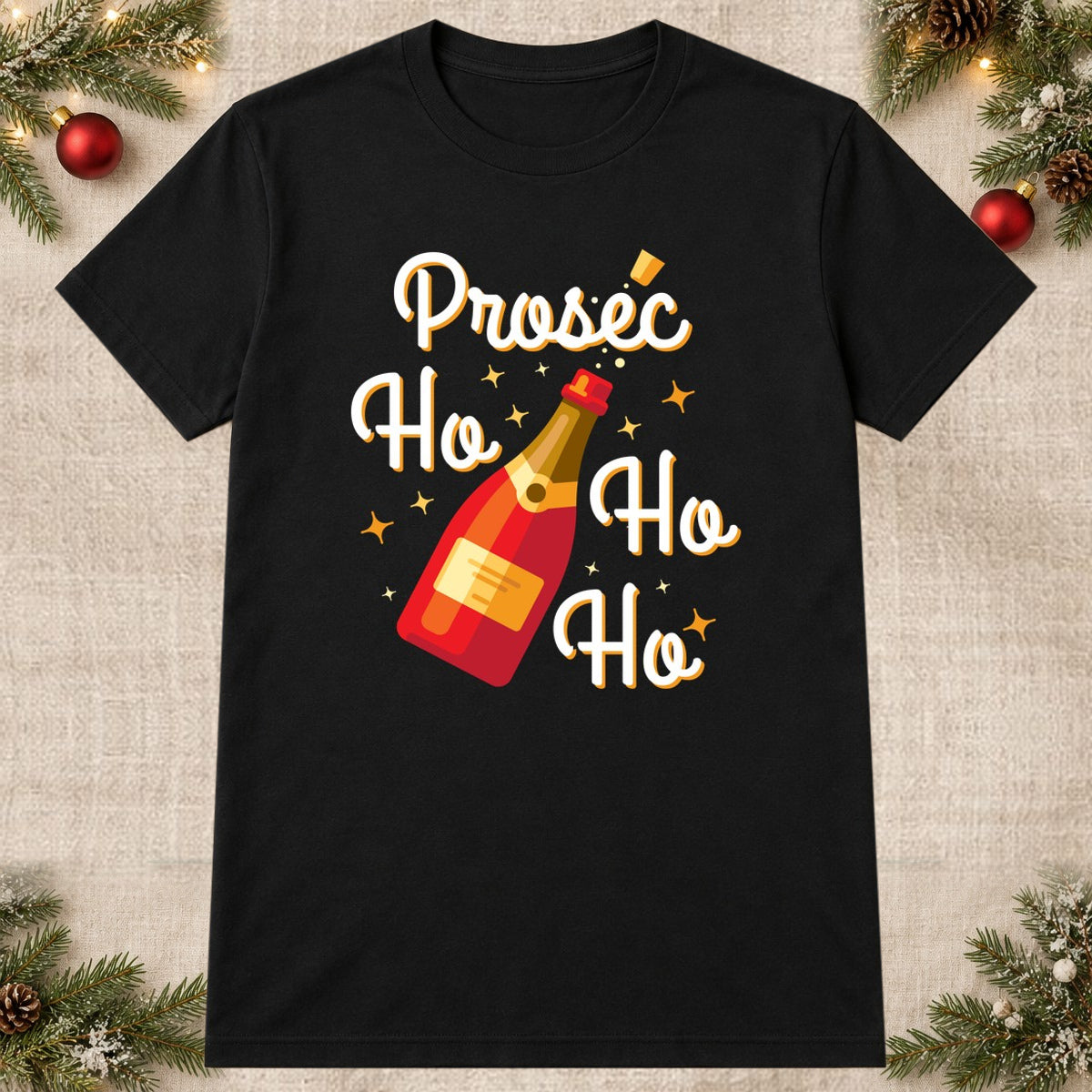 Tricou de Crăciun Prosec Ho - Negru - imagine principală pătrată (mockup)