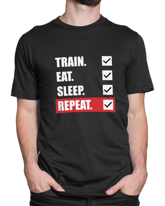 Tricou Funny Gym Train Eat Sleep Repeat - Negru - tricou cu mesaj