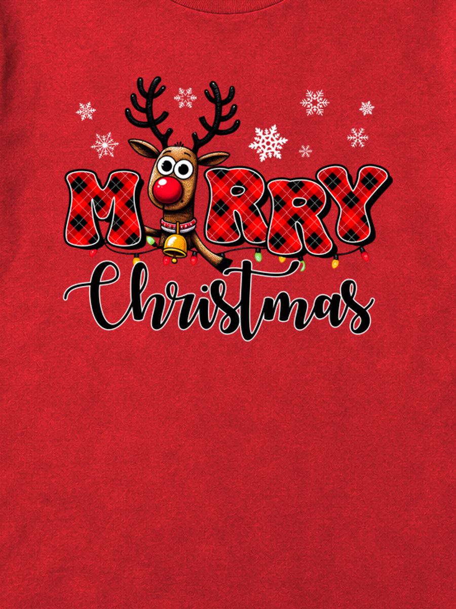 Tricou de Crăciun Merry Rudolph - Roșu - detaliu grafică (mockup)