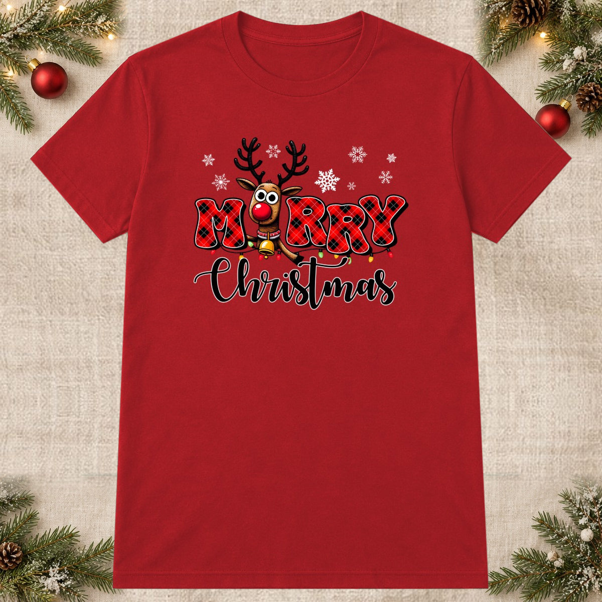Tricou de Crăciun Merry Rudolph - Roșu - imagine principală pătrată (mockup)