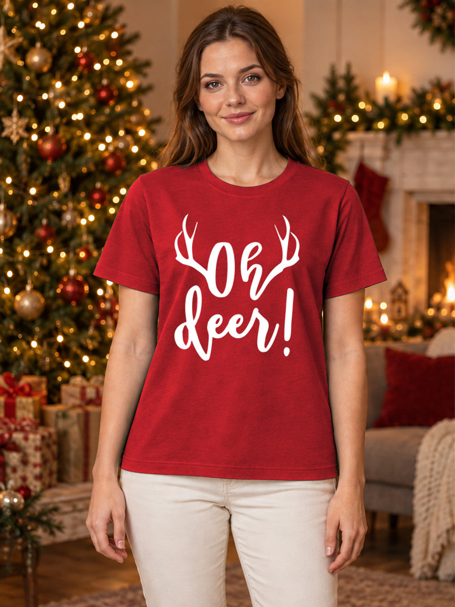 Tricou de Crăciun Oh Deer - Roșu - tricou unisex pe model feminin (mockup)