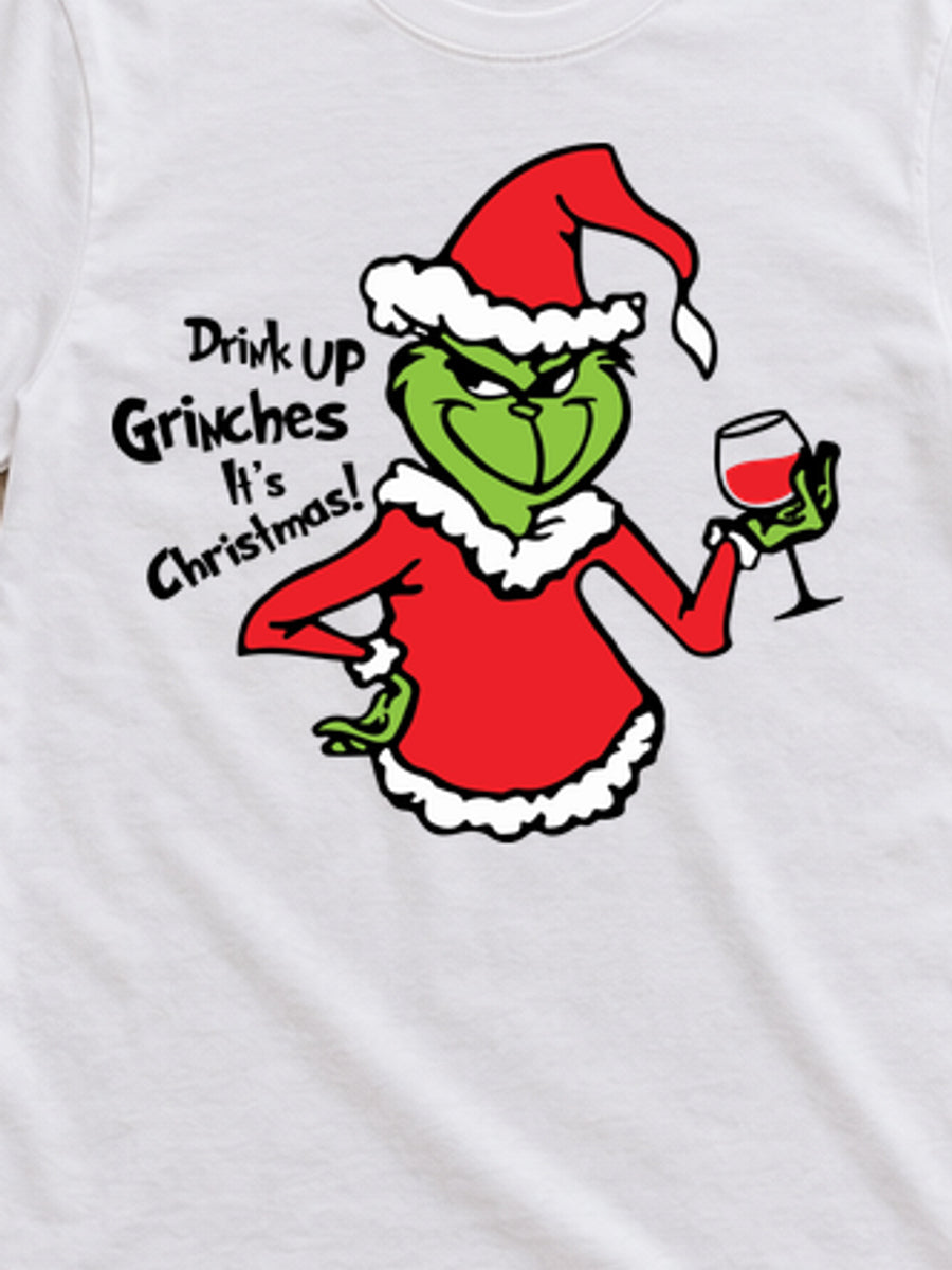 Tricou de Crăciun Drink Up Grinches - Alb - detaliu grafică 3:4, alb curat fără Heather (mockup)
