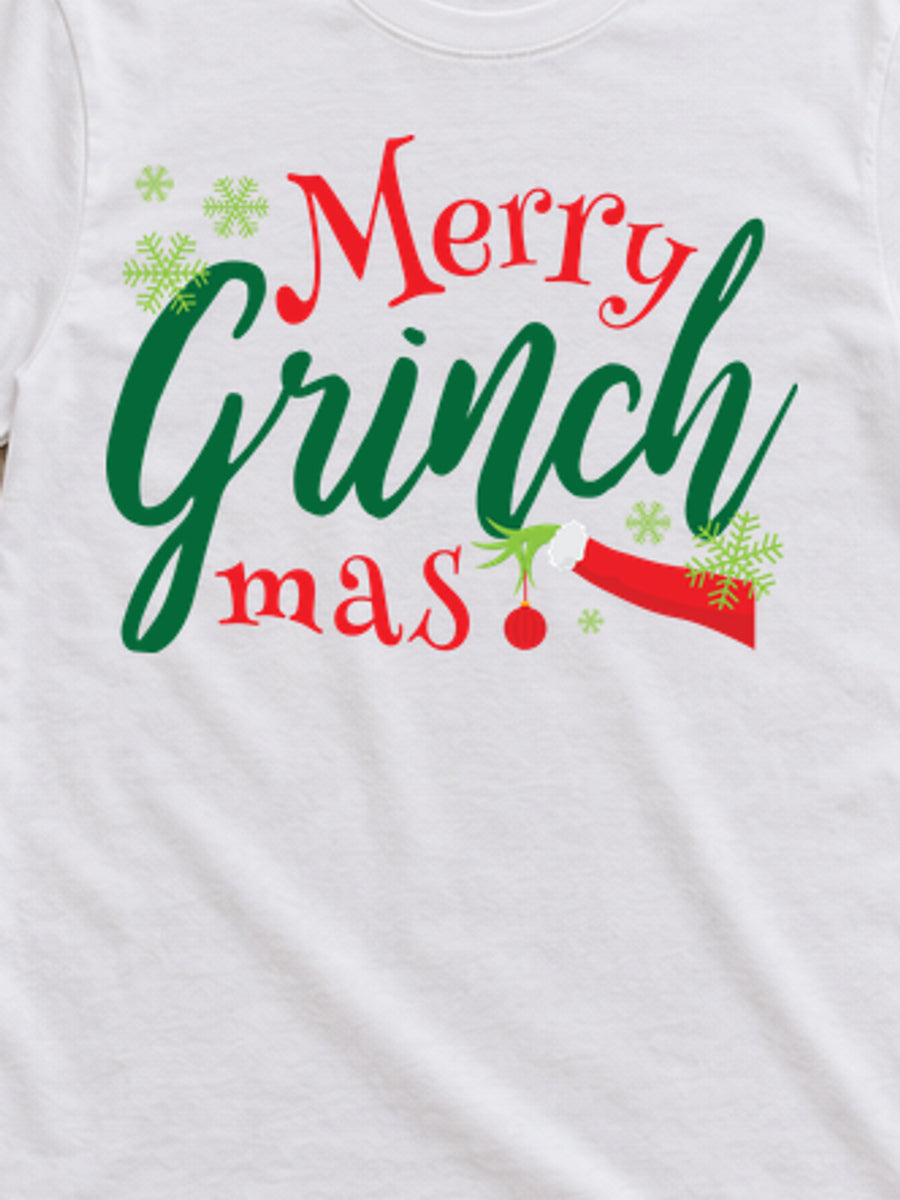 Tricou de Crăciun Merry Grinchmas - Alb - detaliu grafică 3:4, alb curat fără Heather (mockup)
