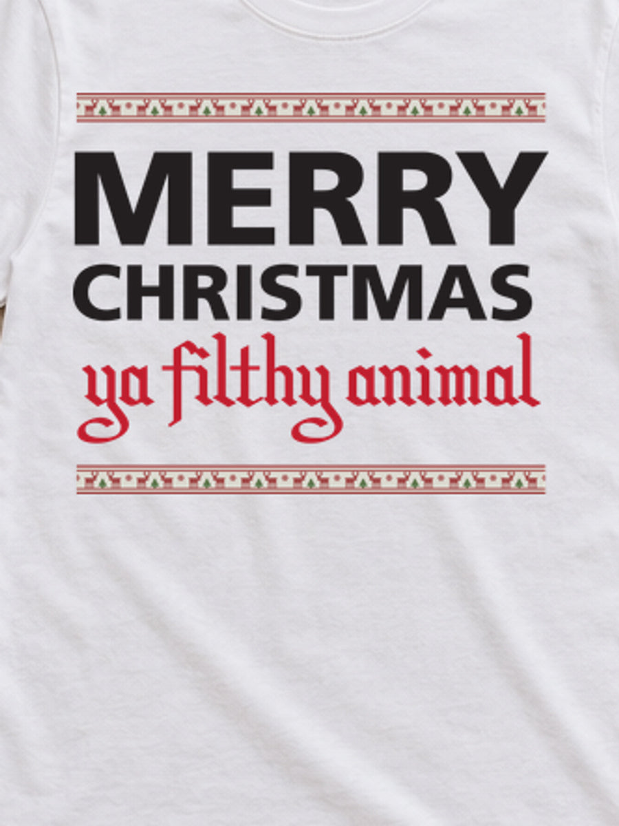 Tricou de Crăciun Merry Christmas Ya Filthy Animal - Alb - detaliu grafică 3:4, alb curat fără Heather (mockup)