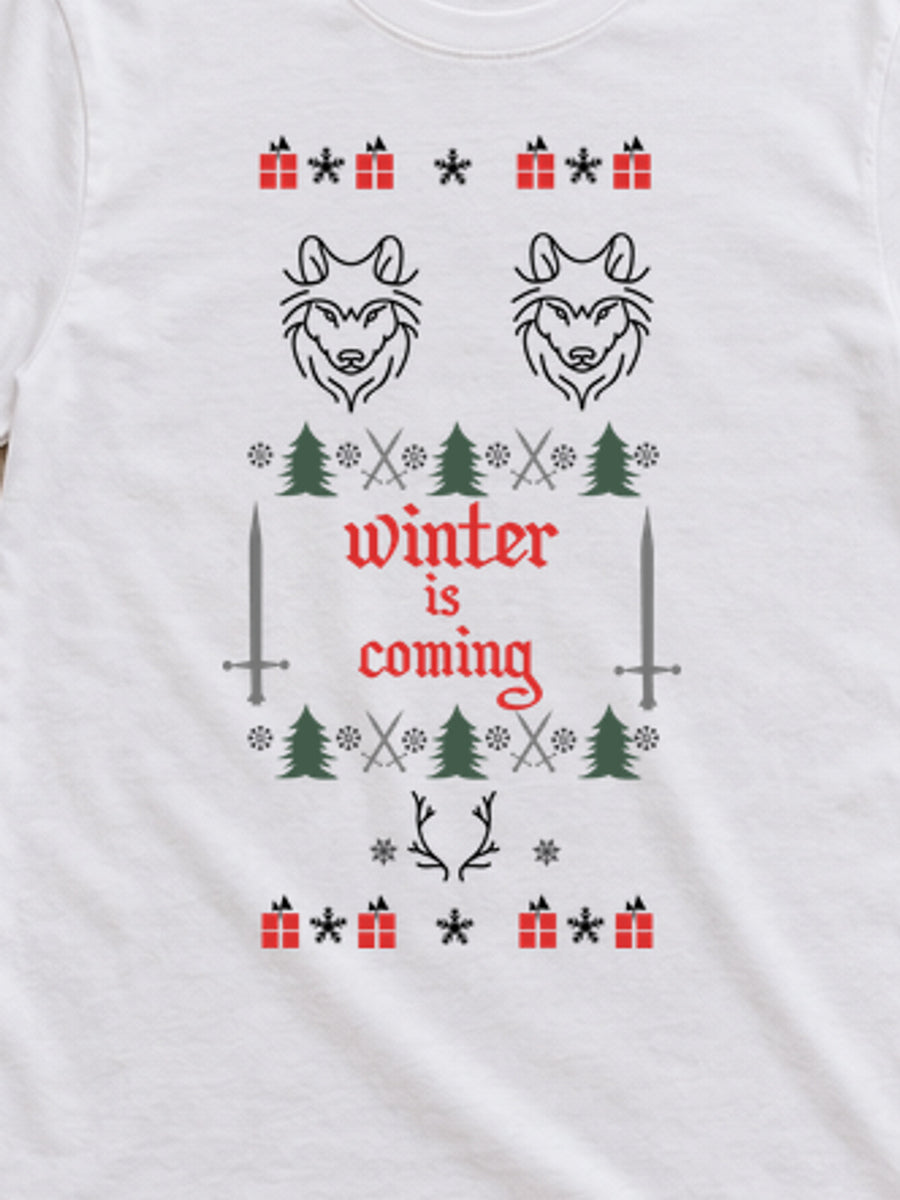 Tricou de Crăciun Winter Is Coming - Alb - detaliu grafică 3:4, alb curat fără Heather (mockup)