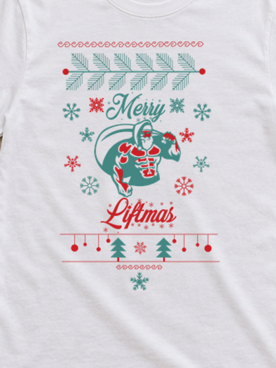 Tricou de Crăciun Merry Liftmas Santa - Alb - detaliu grafică 3:4, alb curat fără Heather (mockup)