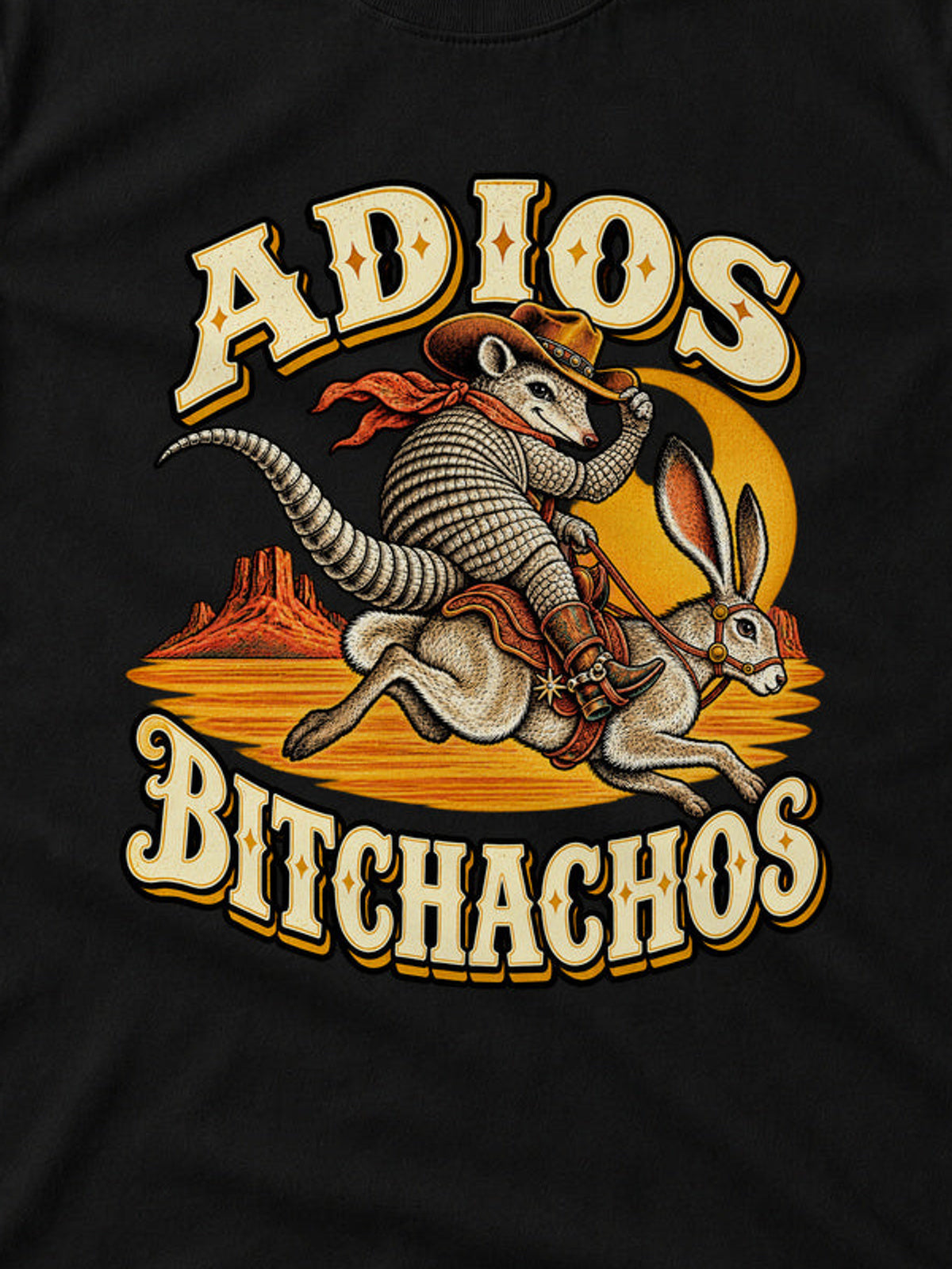 Tricou Adios Bitchachos - Negru - detaliu decupat din imaginea principală (3:4)