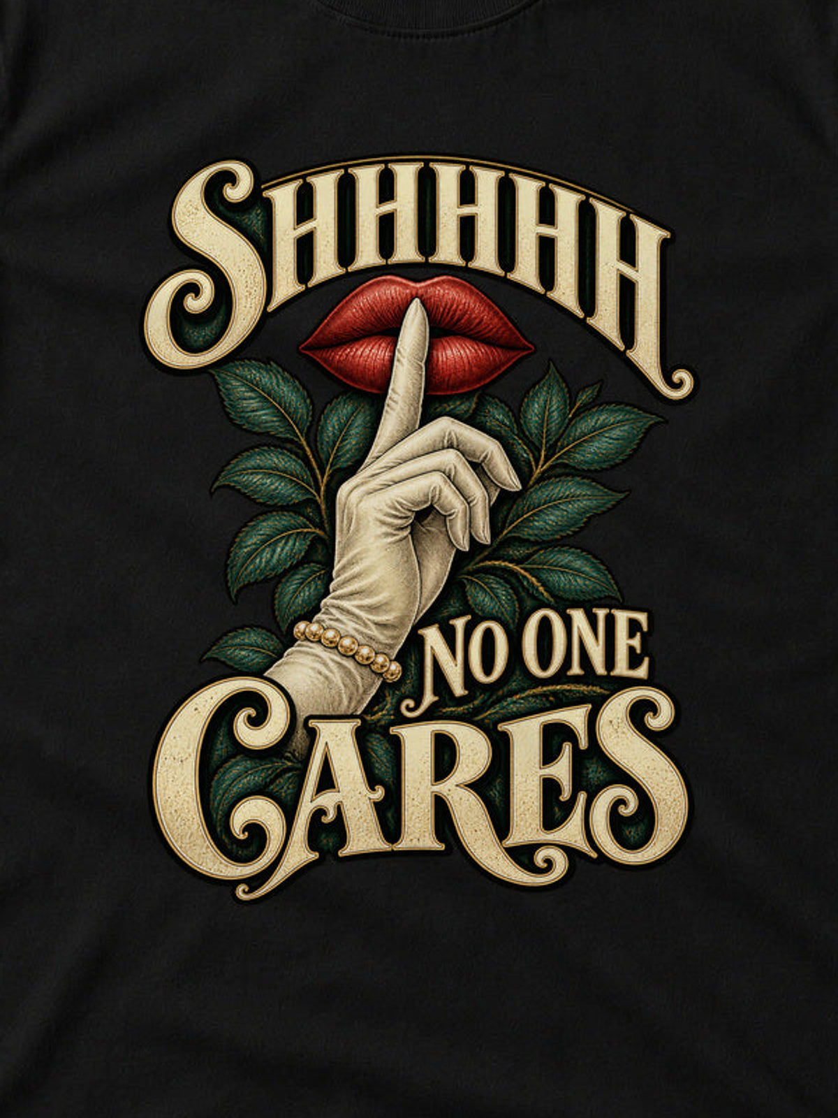 Tricou Shhhhh No One Cares - Negru - detaliu decupat din imaginea principală (3:4)