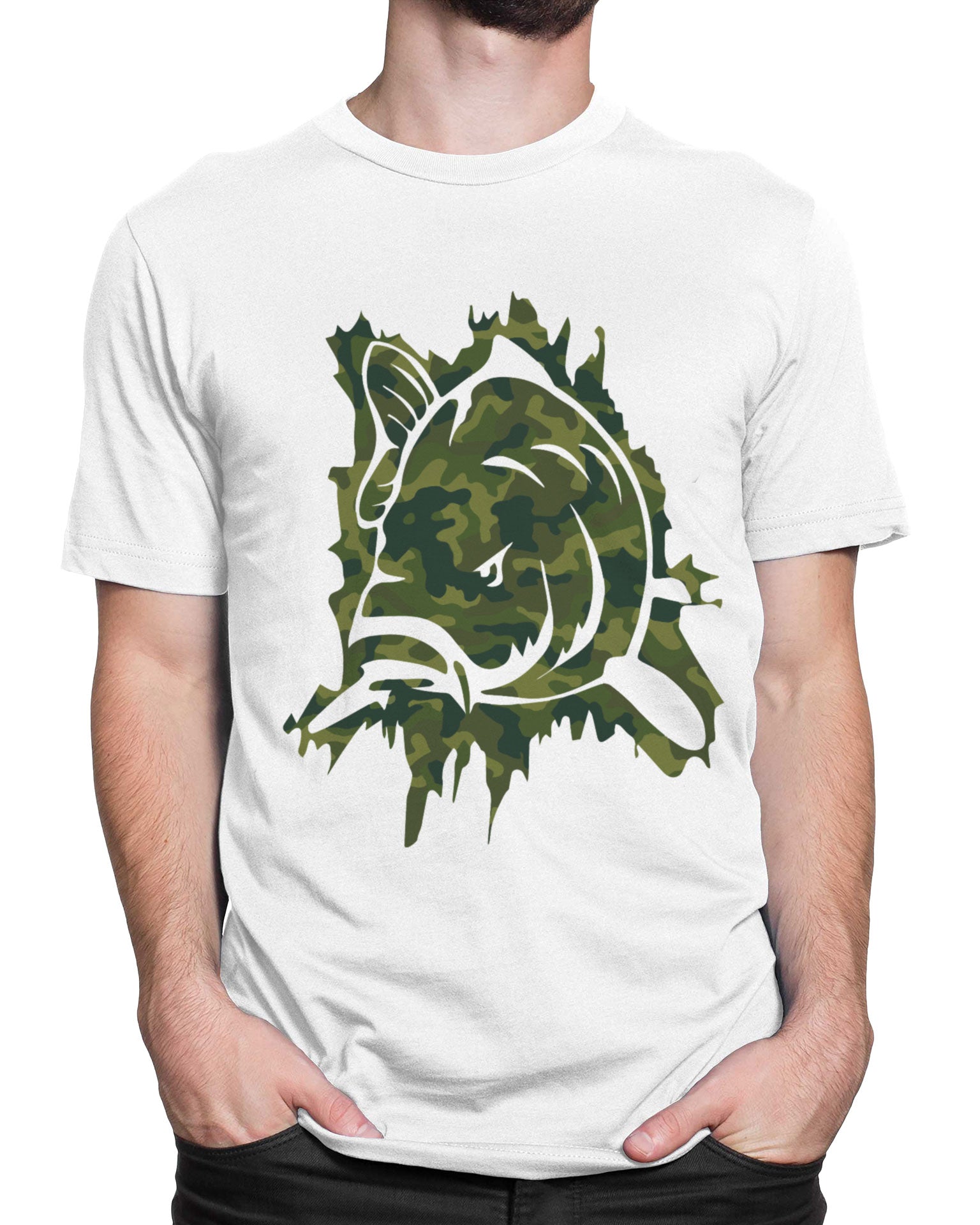 Tricou Pescar Camo Carp - Alb - tricou cu mesaj