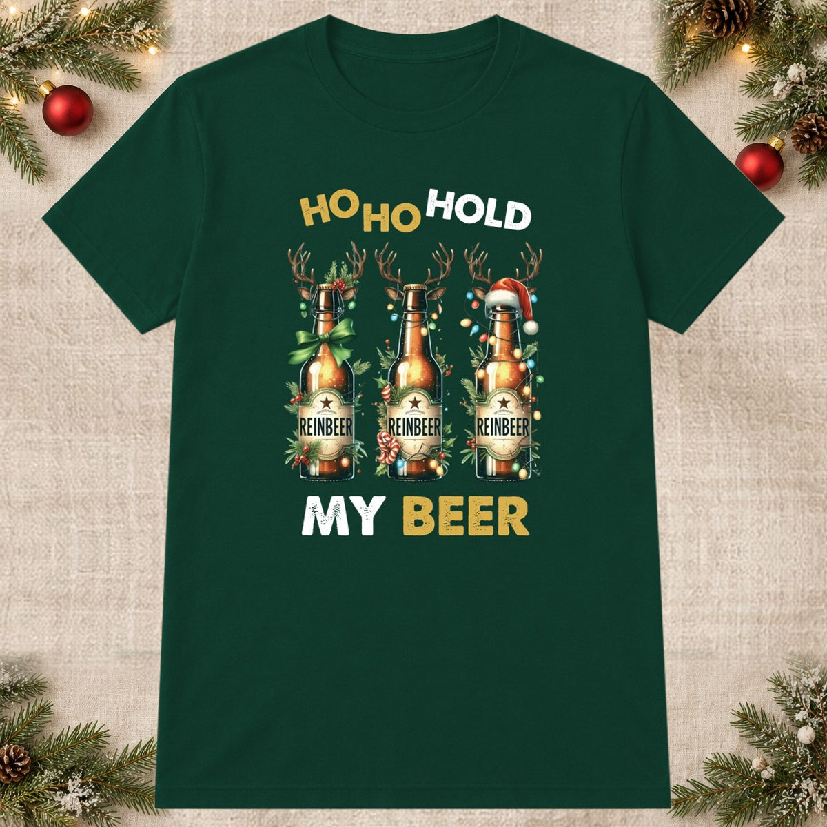Tricou de Crăciun Ho Ho Beer - Bottle Green - imagine principală pătrată (mockup)